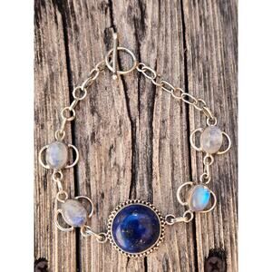 Vintage Sterling Silver Lapis Lazuli & Moonstone Toggle Bracelet, 7.5"